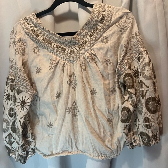 Free People Cream Embroidered 3/4 Sleeve Blouse - Picture 5 of 9